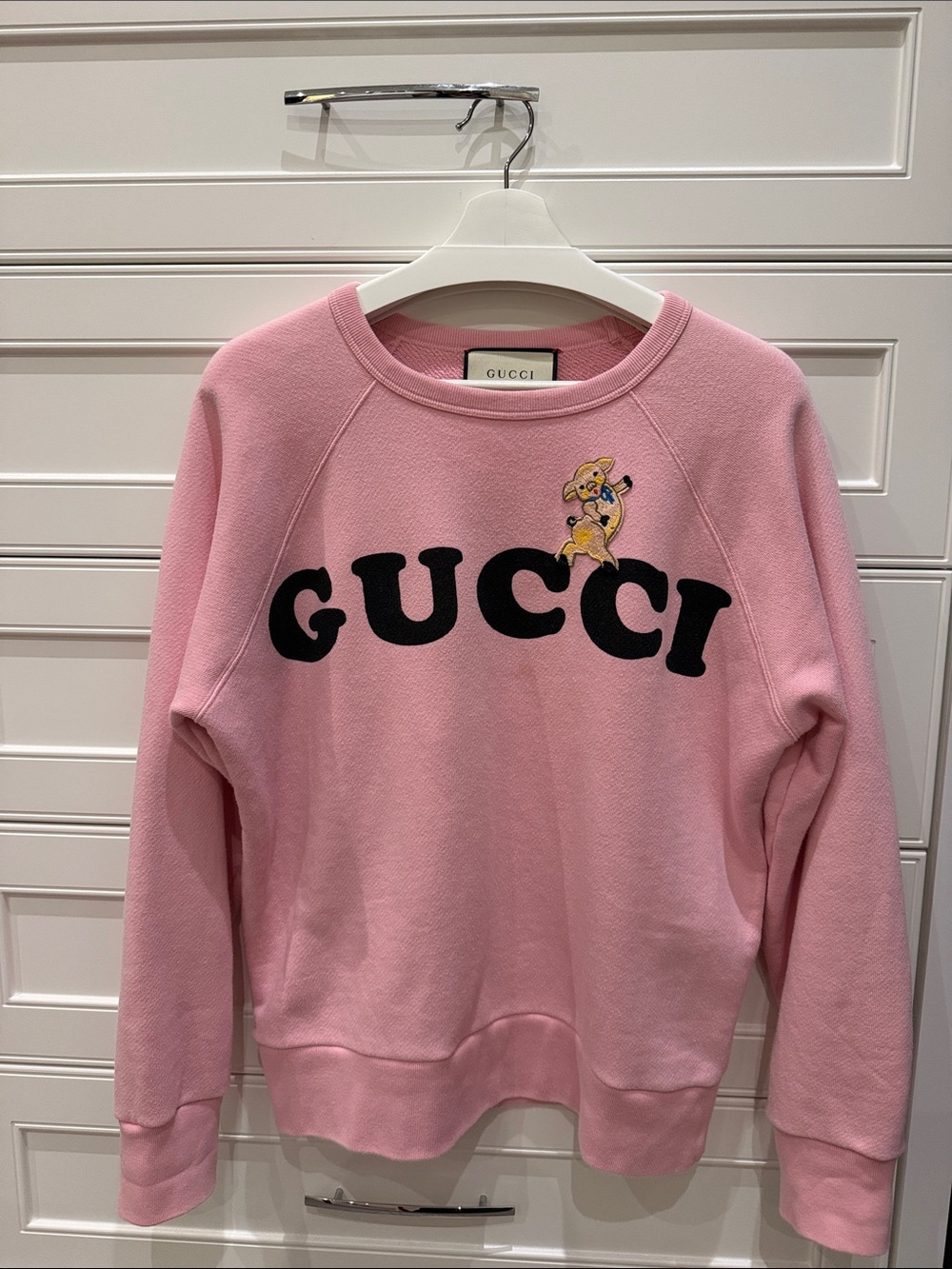 Authentic Gucci Pink Crewneck with Black Logo and Small Embroidered Character